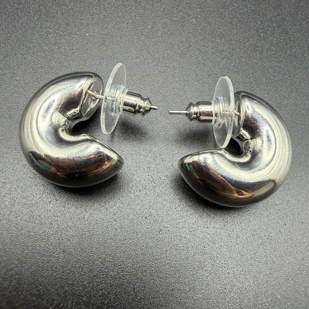 Chunky Silver Open Hoop Earrings Bold Metallic Puff C Shaped Dangle Huggie Stud